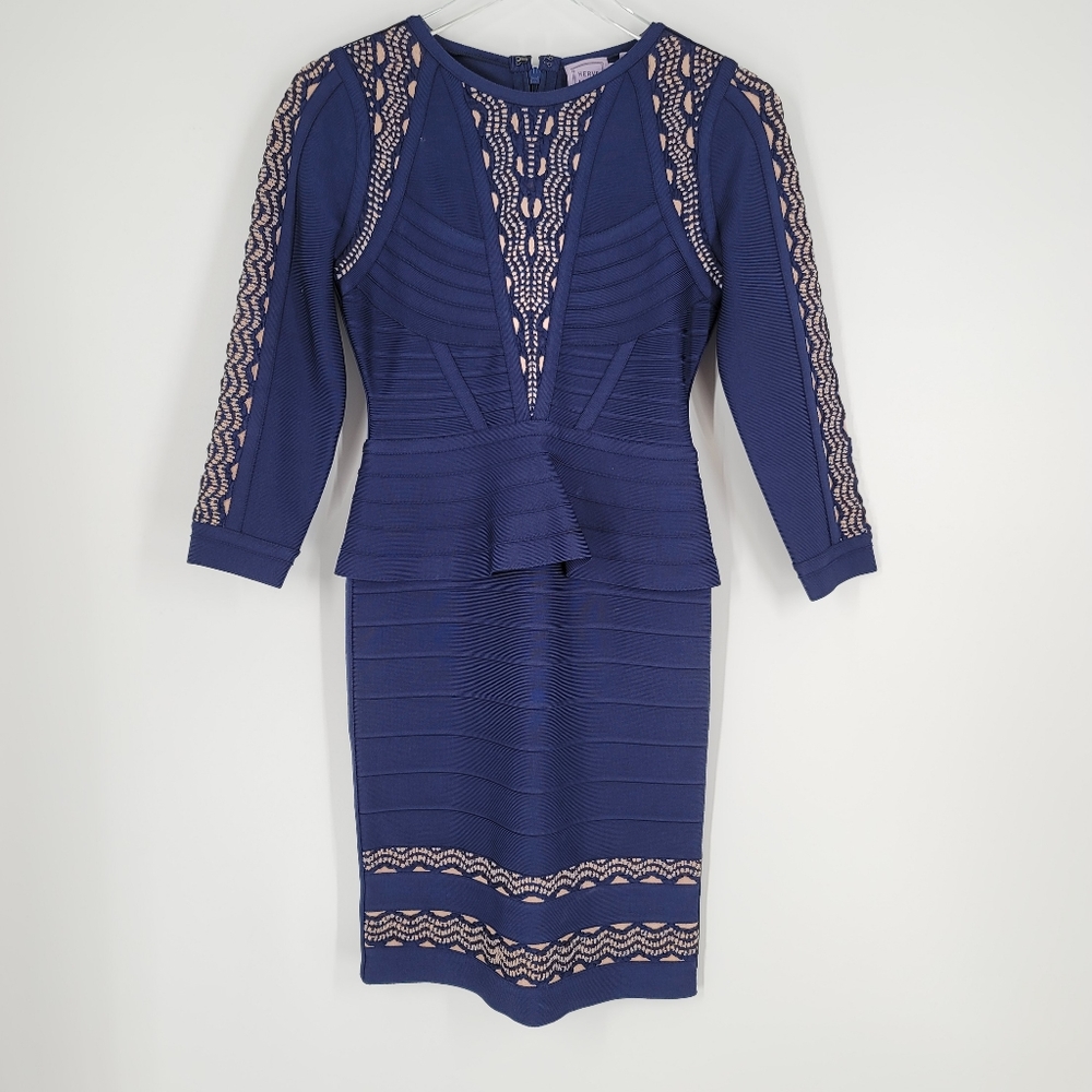 Herve Leger Tarha Peplum Blue Bandage Dress Size S Bodycon - Picture 2 of 9